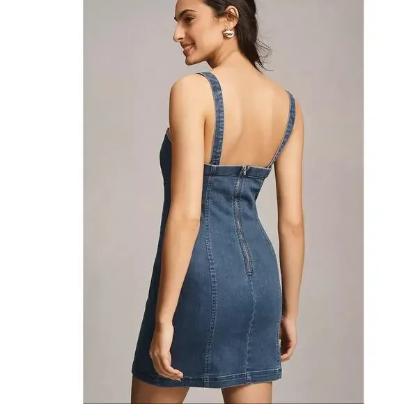 NWT Anthropologie Porridge Rosette Denim Slim Mini Dress $158 XXS Blue Stretchy - Picture 4 of 5